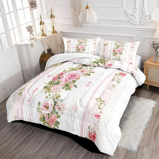 Women Victorian Pink Rose Bed in a Bag, Twin Size 5-Piece Rose Leaf Comforter Sets for Girls Room Decor, 1 Comforter 68"x 90", 2 Pillowcases, 1 Fitted Sheet, 1 Flat Sheet