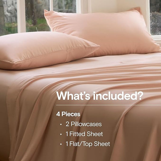 DOZ Sheet Set, 100% Viscose derived from Bamboo, Organically Grown, Buttery Soft, Cooling Sheets, High GSM, Deep Pockets - 4 Piece - 2 Pillowcases 1 Fitted 1 Top Sheet (Blush, Queen)