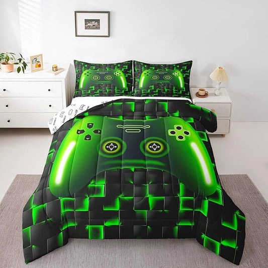Erosebridal Queen Size Game Console Comforter Set for Boys Girls Kids Gamer Bedding,3D Gaming Geometric Check Lightweight Soft Bedding Sets,Neon Green Gamepad Bed Comforter,Black
