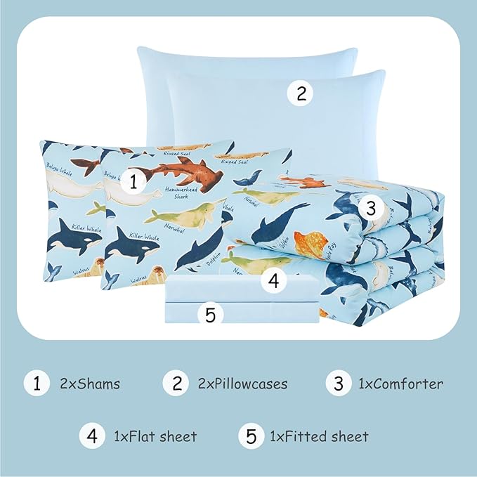 Full Comforter Set for Boys Kids - 7 Pieces Glow in The Dark Ocean Animals Full Size Bedding Sets for Kids, Ultra Soft Bed in A Bag with Sheets