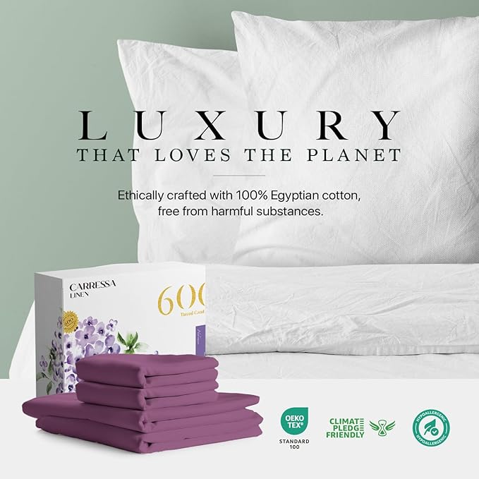 Carressa Linen 100% Egyptian Cotton California King Size Sheet Set - Luxury 600 Thread Count Cotton Sheets Cal King Size (Plum Purple), Soft, Cooling, Sateen Weave 16" Deep Pocket Hotel Quality Sheet