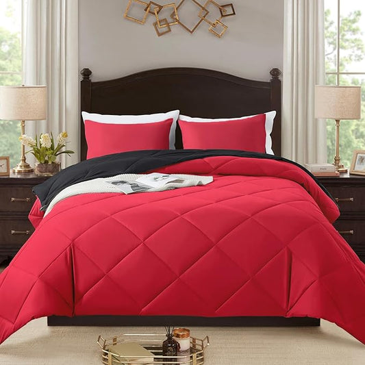 3-Piece King Comforter Set,All-Season,Soft & Hypoallergenic &Breathable Bedding,Polyester Quilted,Down Alternative(Comforter*1 & Pillowcases*2),Black/Bright Red