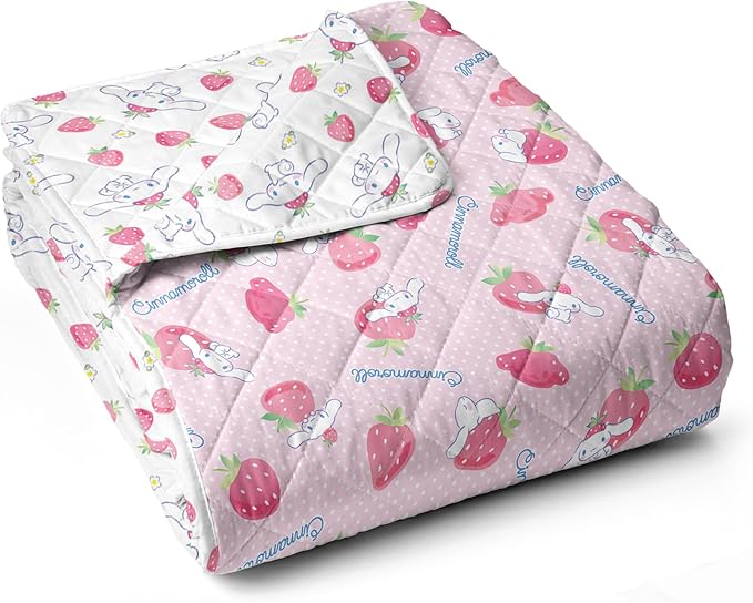 Northwest Sanrio Cinnamoroll Reversible Quilted Throw, Kawaii Strawberry Polkadot Pattern, Comfy Throw for Anime Fans, Game Room, Chair or Couch, 60 x 80 Inches