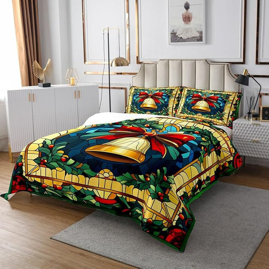 Manfei Christmas Bell Kids Bedspread Twin Size,Merry Christmas Bowknot Bow Tie Coverlet Set,Boys Girls Room Decor,Happy New Year Poinsettia Flower Quilted Coverlet,Red Xmas Bedding Quilt,1 Pillowcase