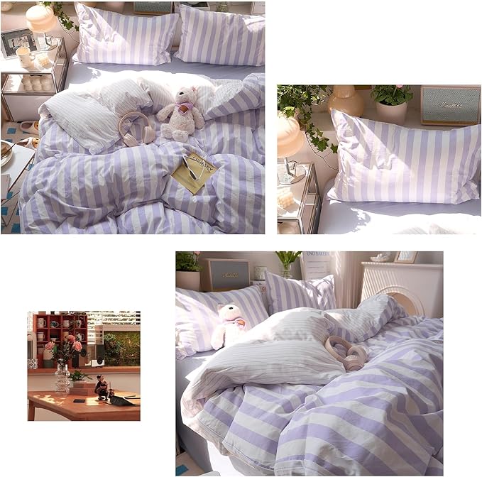 Purple Striped Duvet Covers King Vintage Cute King Size Comforter Cover Soft Farmhouse Boho Hotel Duvet Cover Set with Hidden Zipper Dorm Room Girls Bedding Washed Microfiber Duvet Protector