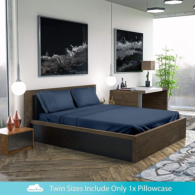 DREAMCARE Queen Size Sheets - Cooling Bed Sheets - 4pcs Set - up to 15" Deep Pocket Queen Sheet Set - Sheets Queen Size Bed - Soft & Long Lasting 100% Fine Brushed Polyester with Side Pocket - NBlue