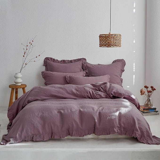 Simple&Opulence 100% Linen Euro Sham Covers with Ruffle, 26x26 Inch Pillow Covers Set of 2, Euro Pillow Shams for Bed Couch French Home Decor Luxury and Breathable Square Pillow Cases, Purple