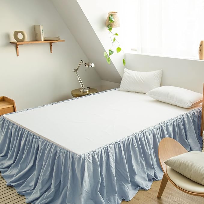 BISELINA French Linen Bed Skirt with Pleated Frills 14-Inch Tailored Drop Natural Flax Cotton Blend Dust Ruffle Soft Cozy Farmhouse Bedding (14" Queen, Dusty Blue)