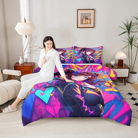 Erosebridal Anime Girl Toddler Comforter Set, Japanese Anime Bedding Set for Kids Girls Teens Adult Bedroom, Cartoon Girl Bedding Comforter Sets Kawaii Japanese Animation Quilt 2 Piece, Purple