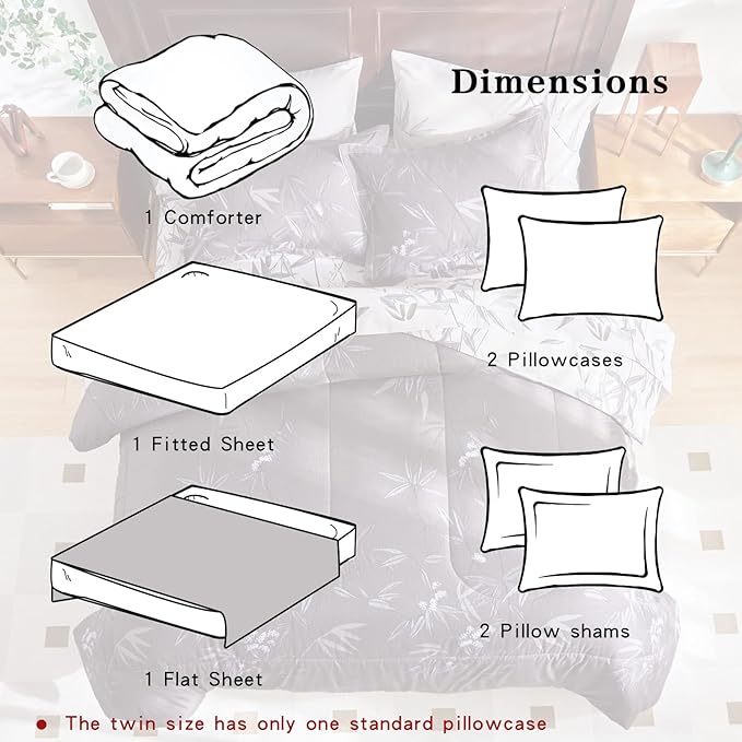 7-Piece Bed in a Bag King Comforter Set with Sheets, Black Leaves Botanical Design Lightweight Bedding for All Season (1 Comforter, 2 Pillow Shams, 1 Fitted Sheet, 2 Pillowcases)
