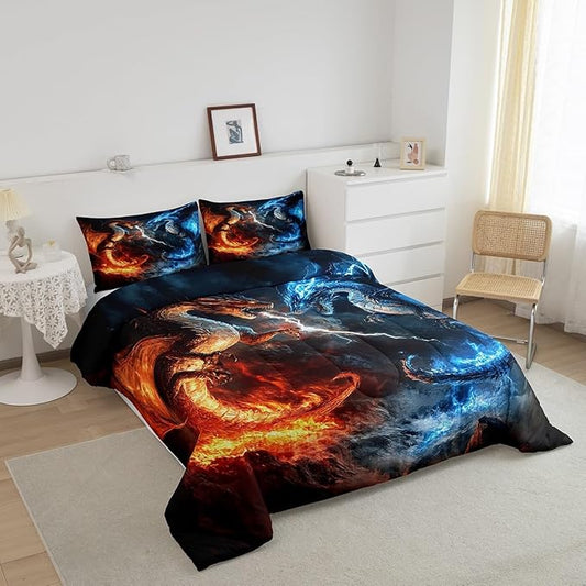 Feelyou Dragon Comforter Set Queen Size Dragon Stuff Comforter for Boys Girls Teens Wild Life Bedding Set Thunder and Lightning Duvet Set Room Decor Blue Orange Quilt Set