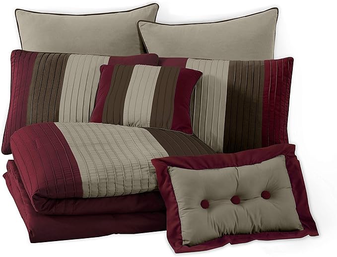 Chezmoi Collection Loft 8-Piece Luxury Striped Comforter Set (Queen, Burgundy/Coffee/Brown)
