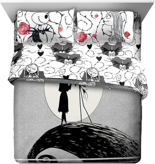 Jay franco Disney Nightmare Before Christmas Moonlight 7 Pc Jay franco Queen Bed Set-Includes Reversible Comforter&Sheet Set-Features Jack&Sally-Super Soft Fade Microfiber-(Official Disney Product)