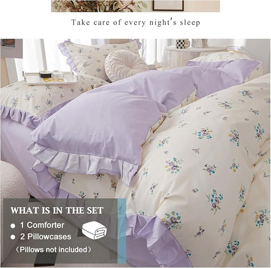 VM VOUGEMARKET Ruffle Comforter Set Queen, Purple Flower Bedding Set,3 Pieces Shabby Chic Coquette Cottagecore Aesthetic Lace Comforter with 2 Pillow Shams,Queen Size
