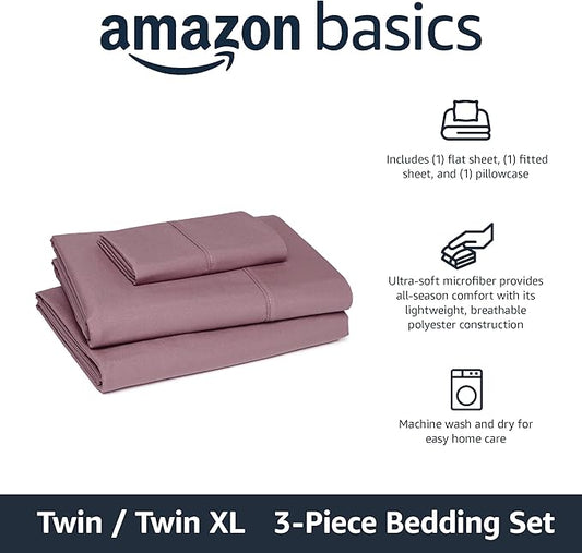 Amazon Basics Lightweight Super Soft Breathable Wrinkle-Free Microfiber 3-Piece Bed Sheet Set, Twin XL, Rose, Solid