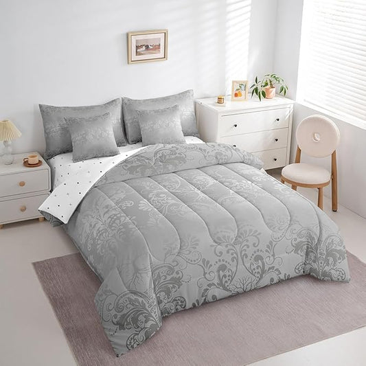 Erosebridal Gothic Damask Bed in a Bag King Size Comforter Set 7 Pieces,Sun Moon Tree of Life Bedding Sets Grey Victorian Floral Goth Sheet Set with Comforter