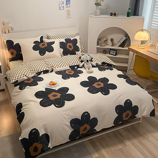 Luxlovery Black Floral Comforter Set King Women Sunflower Black and White Bedding Comforter Set Chic Bohemian Cute Flower Cute Blanket Quilts Girls Boho Bedding Set for King Bed