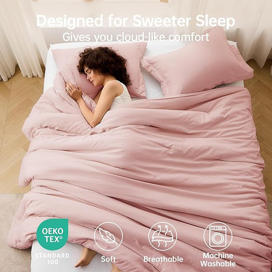 MUXHOMO Queen Comforter Set, All Season Ultra Soft Down Alternative Bedding - 3 Piece Lightweight Bed Set Includes 1 Comforter (90"x90") and 2 Pillow Shams (20"x26"), Rose Gold