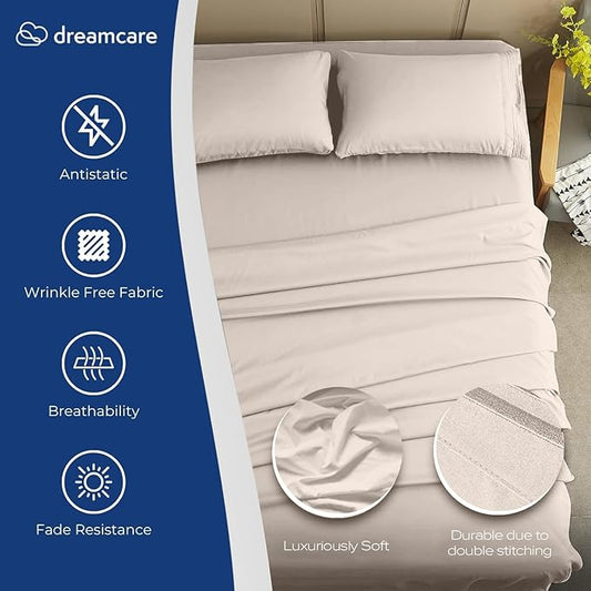 DREAMCARE Full Size Sheets Set - 4 Pcs Cooling Bed Sheets with Up to 15" Deep Pockets - Soft, Long-Lasting 100% Brushed Polyester with Side Pocket (Beige)