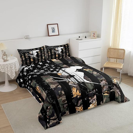 Camo Queen Size Comforter Sets,American Flag Western Bedding for Kids Boys Girls,Skiing Sports 3 Piece Camouflage Printed Down Comforter,Green Trees Leaves Duvet Set
