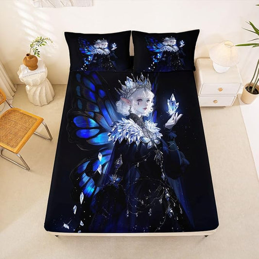 Erosebridal Gothic Girls Fitted Sheet for Boys Girls Kids A Girl Wearing A Crown Queen Bed Sheets,Butterfly Diamond Feather Print Sheets Coquette Princess Bedding Sets, No Top Sheet