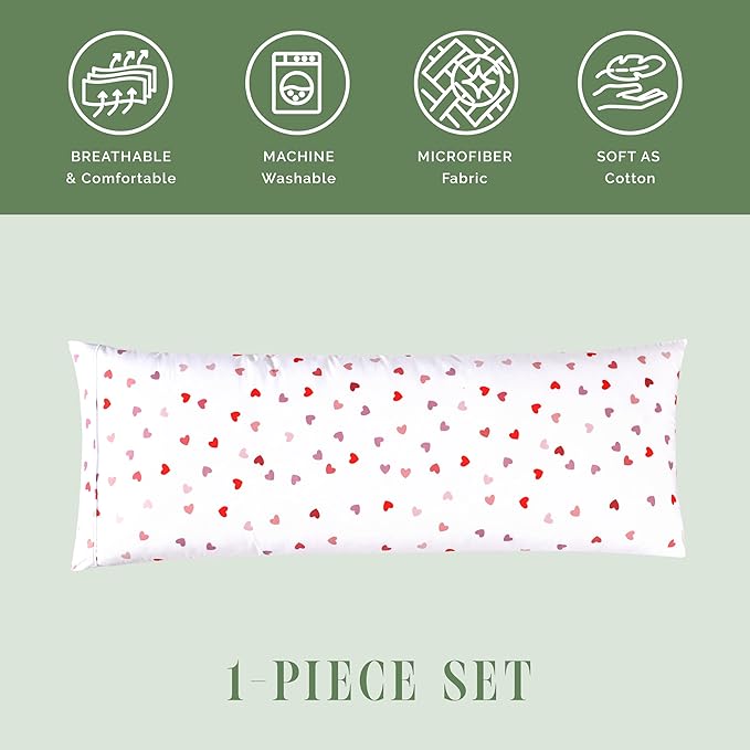 Elegant Comfort Ultra Soft 1-Piece Set Hearts Print Pillowcases - 1500 Premium Hotel Quality Microfiber, Soft and Smooth Hidden Zipper Closure 1-Piece Pillow Covers - Body Pillowcase, Valentina