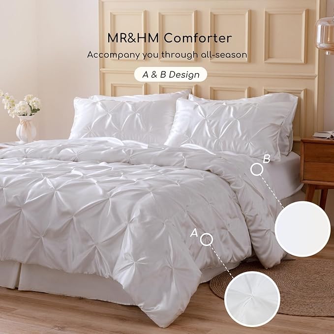 MR&HM Satin Comforter California King 7 Pieces White - Luxurious Pinch Pleat Bedding Set with Comforter, Flat Sheet, Fitted Sheet, Pillowcases & Shams, Super Silky Soft Bed Set for All Season