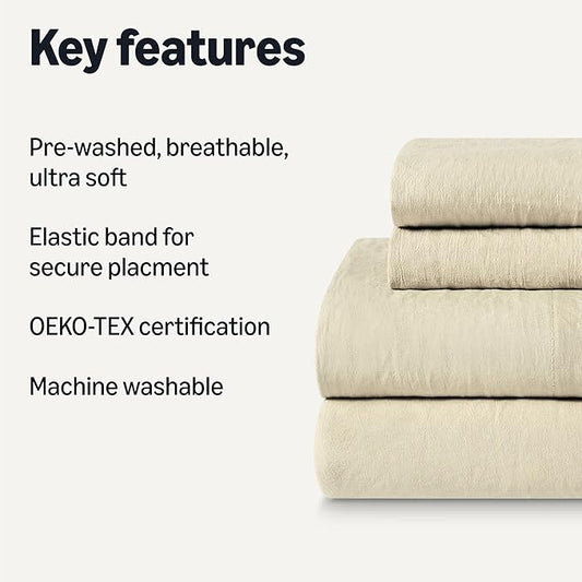 Amazon Basics Queen Bed Sheet, 4-Piece Bedding Set, Double Brushed Microfiber, Ultra Soft, Easy Care, Beige