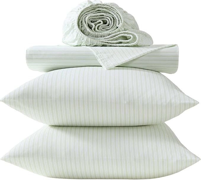Laura Ashley - Queen Sheet Set, Crisp & Cool Cotton Percale Bed Sheets, Deep Pockets, Striped Bedding with Matching Fitted Sheet & Pillowcases (Bedford Skinny Stripe Green)