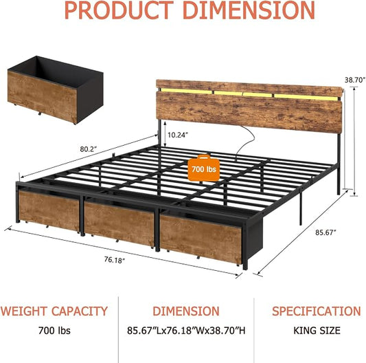 Forestell King Size Bed Frame with Wood Headboard,3 Storage Drawers & Shelf | Built-in Charging Station & LED Lights, Metal Support, No Box Spring Needed, noise-free, easy assembly, Smart RGB, USB+Type-C