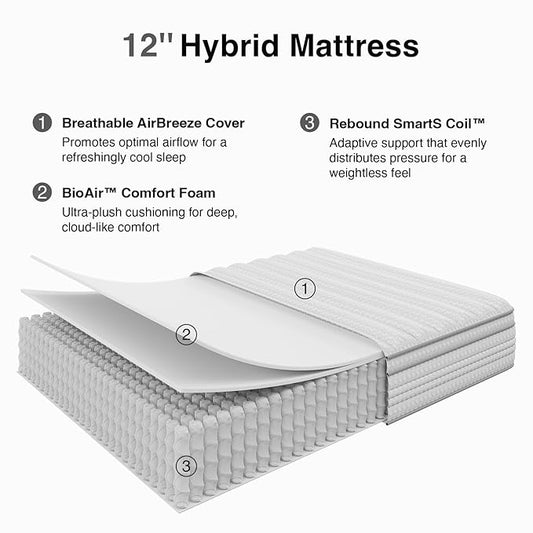Novilla 12 Inch Queen Size Mattress in a Box, Hypoallergenic & Back Pain Relief, Hybrid Queen Mattresses with Smarts Coils, Fiberglass Free CertiPUR-US Certified Colchones No Box Spring Needed