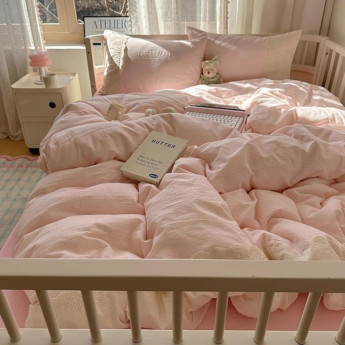 HighBuy Full Size Comforter Set Pink Gingham Bedding Set with Lace Ruffles, 3 Pieces Plaid Comforter Set for All Season,Modern Chic Plaid Checkered Pattern Farmhouse Gird Breathable Fluffy