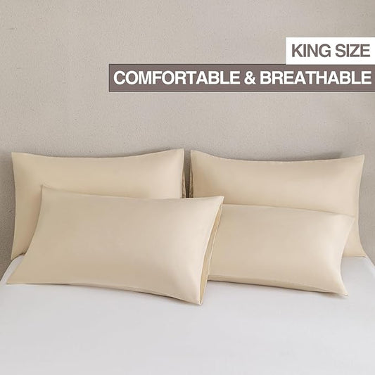 MINIPANDA Beige King Size Pillow Cases Set of 4 - Super Soft, Smooth and Breathable Pillow Cases King - Envelope Design - Machine Washable Lightweight (20X40 Inches (4 Piece))