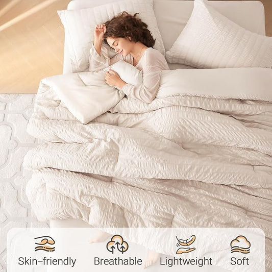 MUXHOMO 7 Pieces Queen Comforter Set, Seersucker Bed in a Bag Queen Size, All Season Luxury Bedding Set with Comforter, Flat Sheet, Fitted Sheet, Pillowcases & Shams, Beige
