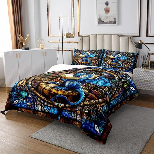 Western Dragon Kids Bedspread King Size,Blue Dragon Reading Book Bookshelf Coverlet Set,Boys Girls Room Decor,Geometric Patchwork Abstract Quilted Coverlet,Trippy Chic Bedding Quilt,2 Pillowcases