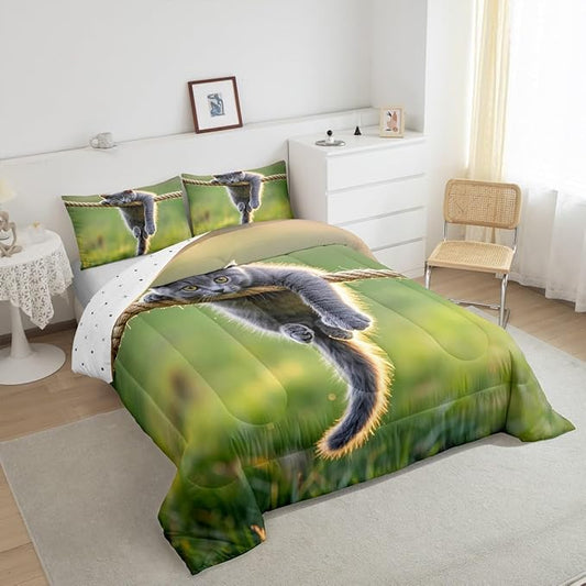 Erosebridal Kawaii Kitten Comforter Set Toddler Size Hemp Rope Bedding Set for Kids Girls Boys Grass Natural Sunshine Yellow Green Comforter Warm Soft Quilt Insert