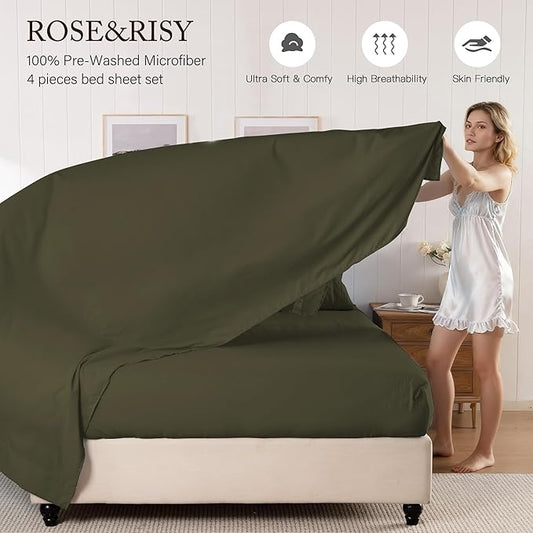 ROSE&RISY Dark Green Sheets Queen Sheet Set, Pre-Washed Cotton-Like Brushed Microfiber, 4 Pcs Super Soft Breathable Cooling Bed Sets,Includes 1 Fitted, 1 Flat, 2 Pillowcases (Dark Green, Queen)