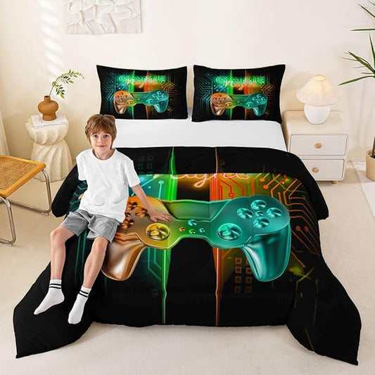 Feelyou Gamer Comforter Kids Gaming Video Game Comforter Set for Boys Teens Noverlty Modern Gamepad Bedding Set Breathable Gamer Console Bedding Duvet Set Bright Orange Green Room Decor Full Size