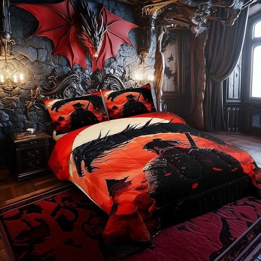Castle Fairy Chinese Loong Bed Comforter Set Queen Size,Chinese General Super Soft Microfiber Bedding Set for Adults Teens,Dragon Wildlife Comforter Set,2 Pillowcases
