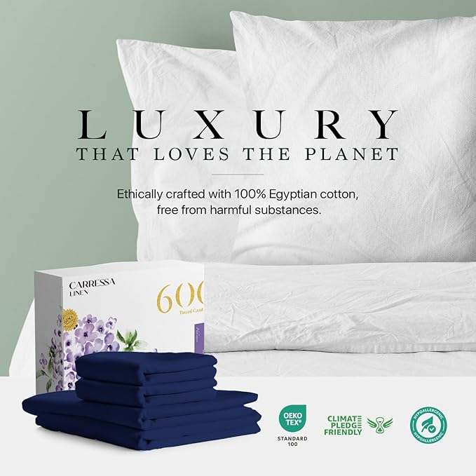 Carressa Linen 100% Egyptian Cotton Full Size Sheet Set - Luxury 600 Thread Count Egyptian Cotton Sheets Full Size (Navy Blue), Silky Soft, Cooling, Sateen Weave 16" Deep Pocket Hotel Quality Sheets