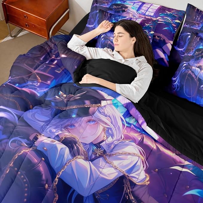 Anime Girl Comforter Set With Sheets Full Size Japanese Anime 7 Piece Bedding Set For Kids Boys Teens Women Bedroom Decor, Cartoon Girl Bed In A Bag Japanese Animation Kawaii Bed Sets, Purple
