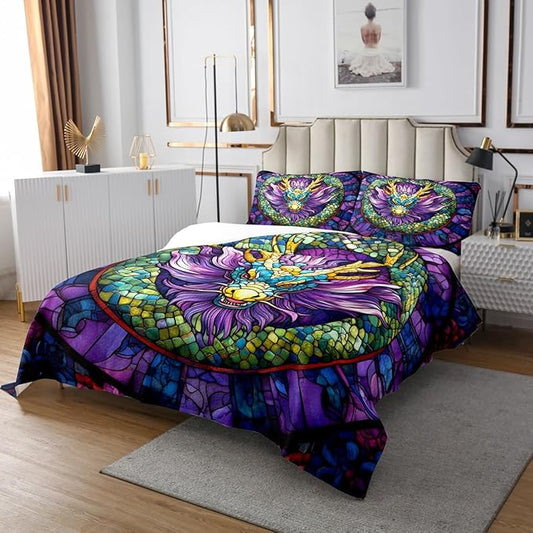 Chinese Dragon Kids Bedspread Twin Size,Dragon Scale Western Animals Coverlet Set,Boys Girls Room Decor,Geometric Patchwork Abstract Quilted Coverlet,Blue Purple Gothic Bedding Quilt,1 Pillowcase