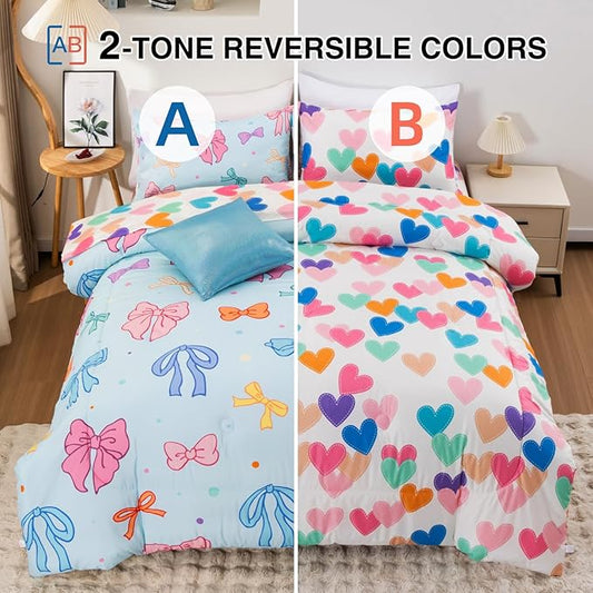 A Nice Night Lightweight Soft 6 Piece Bowknot Comforter Set Queen Size Bed in a Bag,Cartoon Bow & Polka Dot Design Bedding Set for Girls Kids