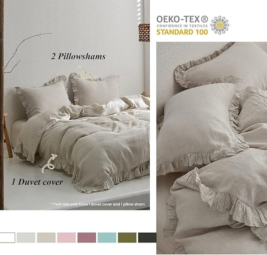 Simple&Opulence 100% Linen Duvet Cover Set, 3 PCS Natural French Flax Ruffle Duvet Cover Queen Size, Breathable Comfy Linen Bedding Comforter Cover with 2 Pillowcases (Natural Linen, 88" X 92")