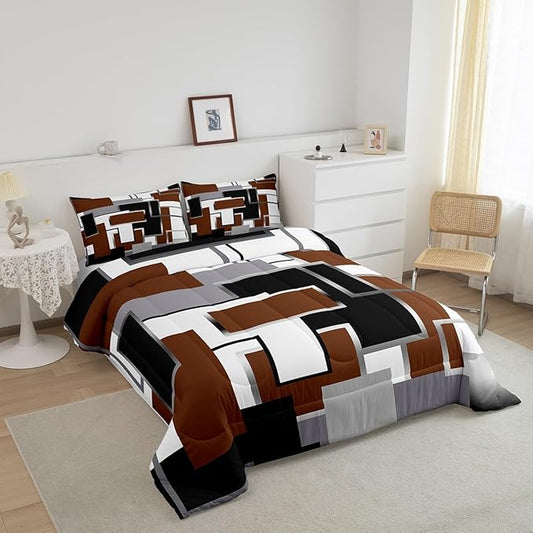 Erosebridal Square Comforter Sets for Teens Youth,Brown White Grey Bedding Set,3D Geometric Quilt Set,Grunge Farmhouse Grid Duvet Insert with 2 Pillowcases Lightweght Warm,Full