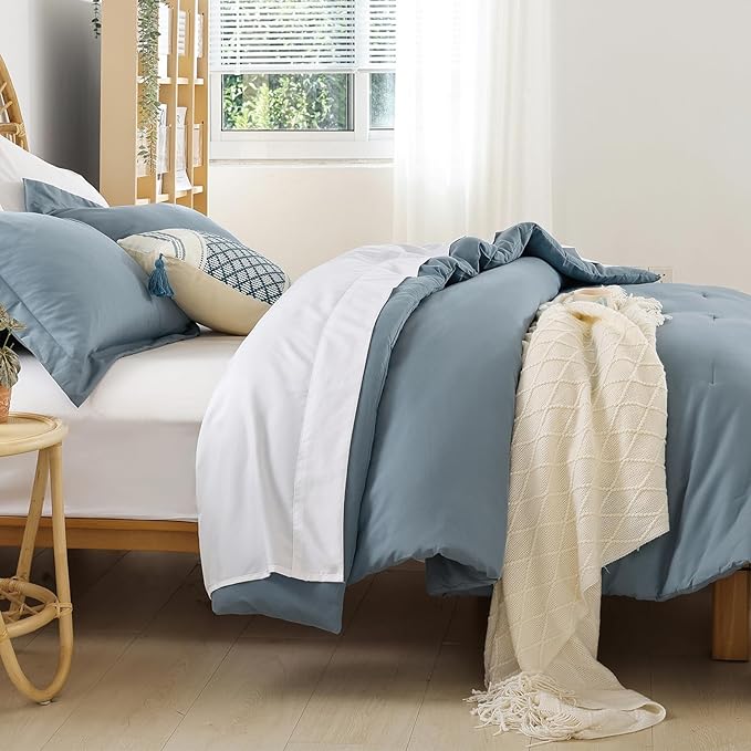 weigelia King Comforter Set Dusty Blue Bedding Comforter with 2 Pillowcases 7 Pieces Blue Color King Comforter Bedding Set for Women and Men King Bed Comforters Set Soft All Season
