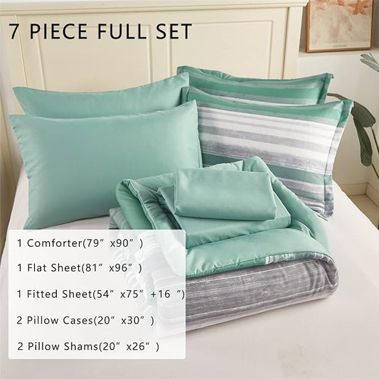 KAKIJUMN 7 Piece Bed in a Bag Stripe Comforter Set Full Size, White Grey Sage Green Patchwork Striped Comforter and Sheet Set, All Season Soft Microfiber Complete Bedding Set(Green,Full)