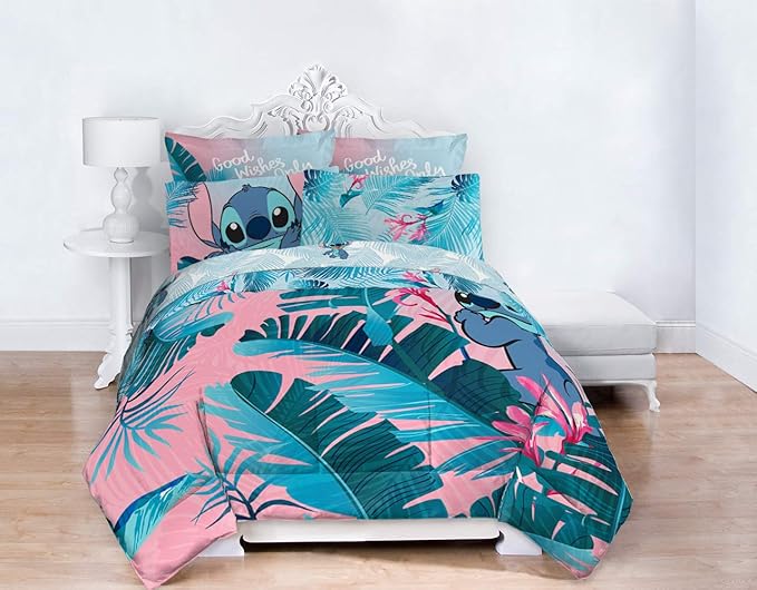 Jay Franco Disney Lilo & Stitch Floral Fun 7 Piece Queen Bed Set - Includes Reversible Comforter & Sheet Set Bedding - Super Soft Fade Resistant Microfiber - (Official Disney Product)