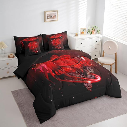 Erosebridal Gothic Dragon Dream Catchers Comforter Set 7 Piece Bed in a Bag Twin,Red Galaxy Bohemian Feather Bedding Sets Antique Animal Pterosaur Sheet Set with Comforter