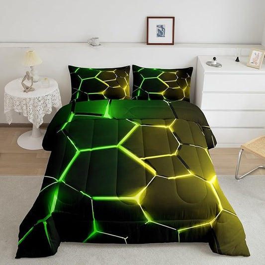 Feelyou Honeycomb Comforter Green Yellow Hexagonal Print Bedding Set for Kids Boys Girls Children Beehive Geometrical Comforter Set Ultra Soft Decor Reticulated Duvet Set Queen Size